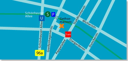 Stadtplanausschnitt mit der Gethsemanestr. und den n&auml;chstliegendem U- und S-Bahnhof Sch&ouml;nhauser Allee